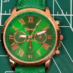 Geneva Platinum Green Roman Numeral Analog Quartz Wristwatch